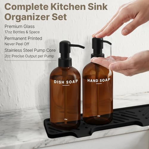 Kitchen Soap Dispenser Set with Self-Draining Tray, Brush and Sponge