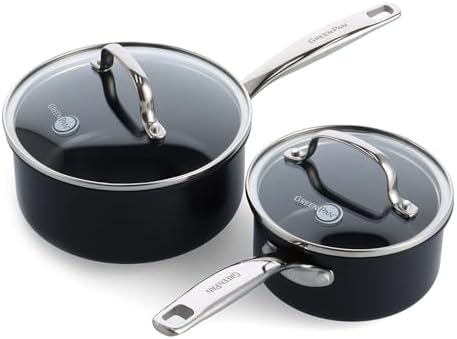 GreenPan Prime Chatham 1QT & 2QT Saucepan Pot Set with Glass Lids