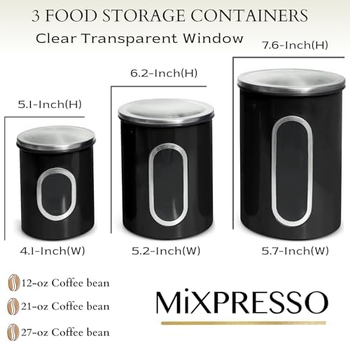 Mixpresso 3-Pcs Black Canisters Set for Kitchen Storage Airtight Jars