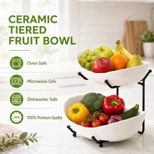 HBlife 2 Tier Fruit Bowl, Ceramic Fruit Basket for Kitchen Counter