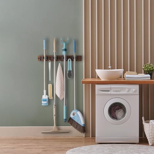 OUTNILI Mop and Broom Holder Wall Mount - Wood Broom Mop Hanger - Wall
