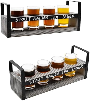 OwlGift Beer Flight Glasses and Board Set Included Torched Wood