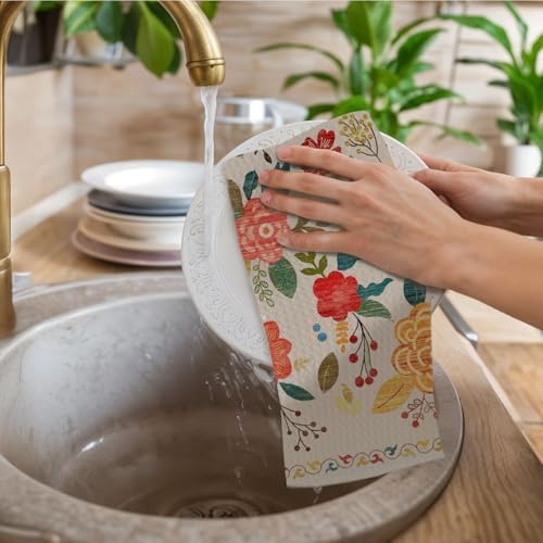 Vintage Boho Floral Kitchen Towels, Retro Colorful Flower Dish Tea
