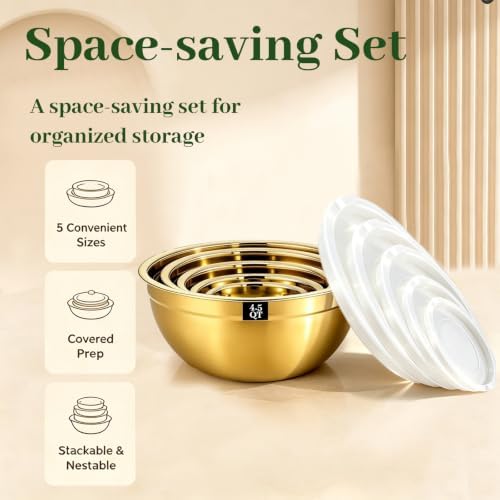 5-Piece Gold Stainless Steel Mixing Bowls with White Lids, Nesting