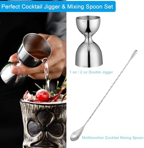 Bell Cocktail Jigger with Measuring Marks (1oz, 2oz) and Mixing Spoon