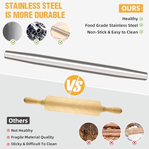 AMUZHI Seamless Stainless Steel Rolling Pin with Silicone Pastry Mat