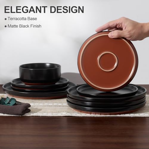 E-far Plates and Bowls Sets, 12Pcs Stoneware Ceramic Dinnerware Dishes