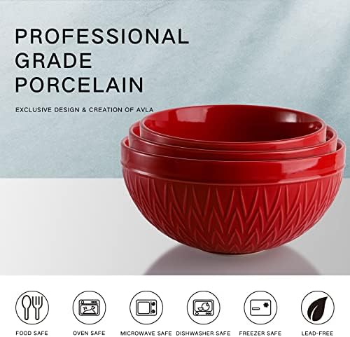 AVLA Porcelain Mixing Bowls for Kitchen, 3/1.8/1.2 Qt Ceramic Large
