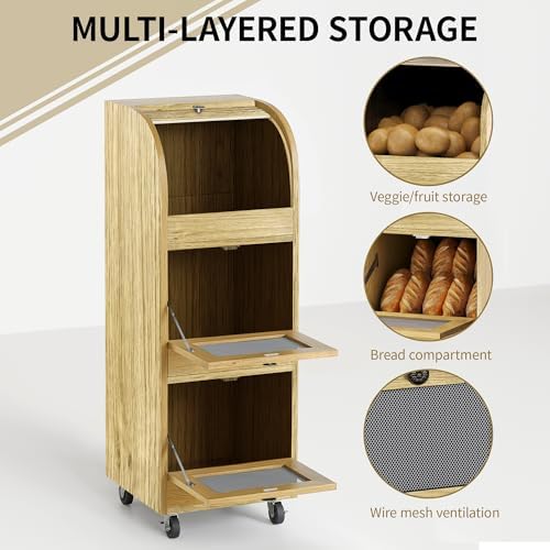 Movable Potato and Onion Storage Box with Wheels,Wood color