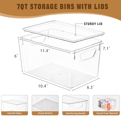Freebat 6 Pack Clear Storage Bins with Lids, 7 Quart