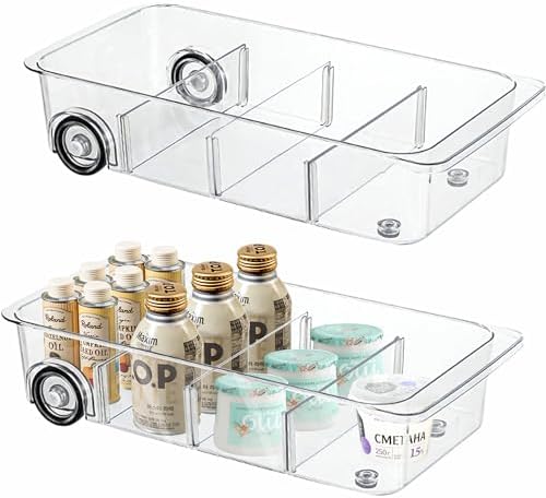 MANO 2 Pack Divided Rolling Refrigerator Tray Clear Roll Out Fridge