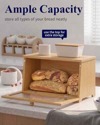 Kitsure Wooden Bread Box for Kitchen Countertop, 1-Tier, Bamboo