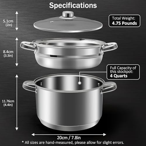 AuFranc® 4 Quart 18/10 Stainless Steel Tri-ply Stockpot and Steamer with Tempered Glass Lid, Multipurpose Steamer Pot Compatible with All Cooktops, Non-Toxic Soup Pot, Oven & Dishwasher Safe (Silver)