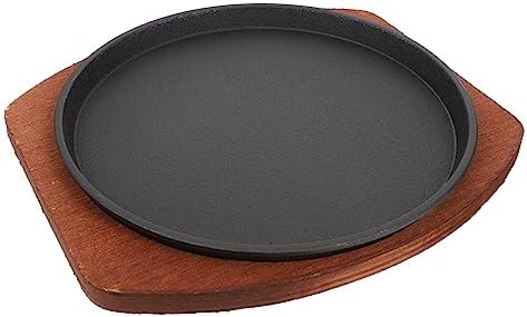 Cabilock Cast Iron Sizzling Plate with Wooden Base, 7.48 Inch Grill Pan