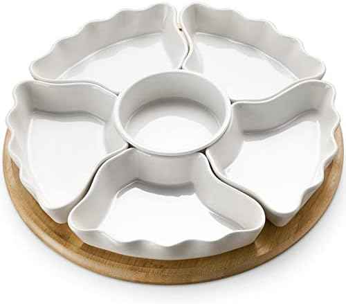 DOWAN 360° Rotatable Serving Tray and Platters, 12 Inch Divided Serving Bowls for Party, Kitchen Decor, Removable Serving Dishes for Chips and Dip, Fruit, Veggies, Candy and Snacks, 7 Pieces, White