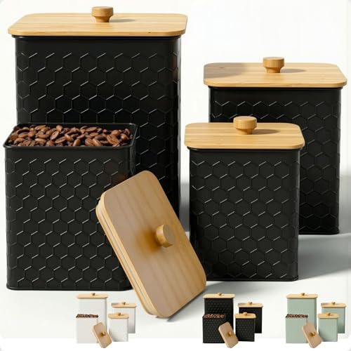 Kitchen Canisters for Countertop Set of 4 w/Airtight Easy Open Bamboo