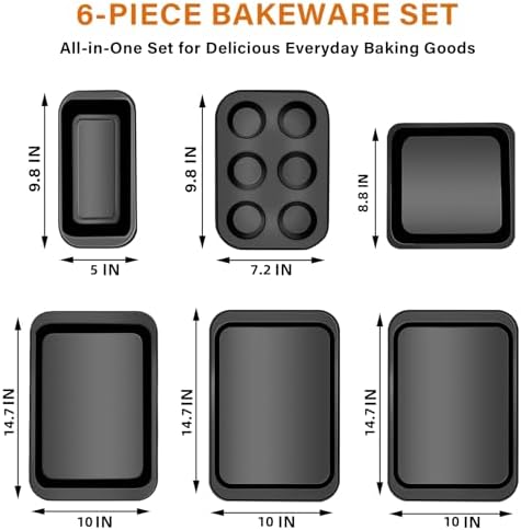 6-Piece Carbon Steel Bakeware Set, Nonstick Baking Pans with Cookie Sheet, Deep Roaster, Square Pan, Loaf Pan, Muffin Pan for Cooking,Baking Pans Set (black)