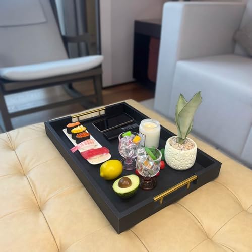 14x20 Inches Black Faux Leather Wrappen Wood Serving Tray with Metal