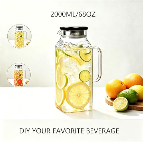 Glass Pitcher with Wooden Lid, 68 fl.oz Square Glass Carafe with