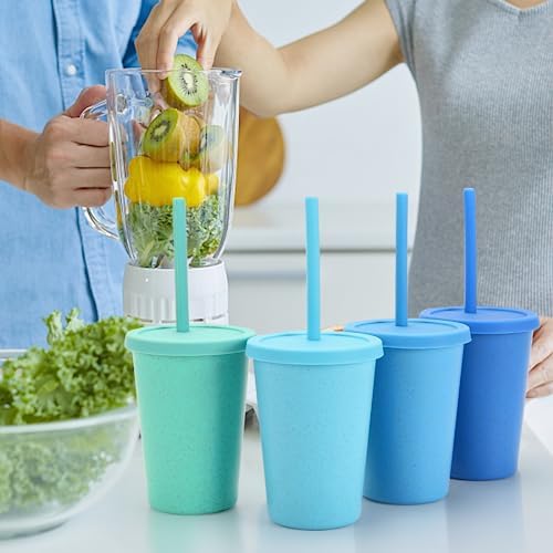 Mfacoy 4 Pack Wheat Straw Cups with Lid and Straws, 10 oz Unbreakable