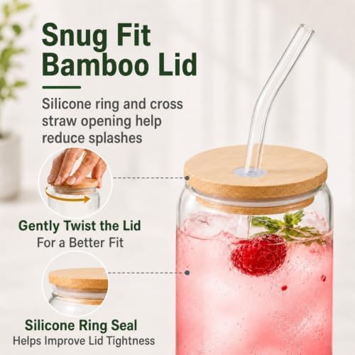 Glass Cups with Lids and Straws Set of 2 - Iced Coffee Cups with Lids
