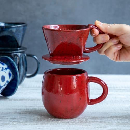 Asayu Japan Ceramic Coffee Pour Over Maker Set, Chrome Red