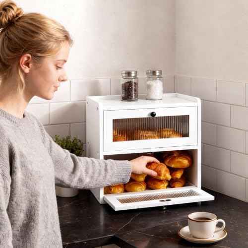 Alpeir Bread Box for Kitchen Countertop, Double Layer Large Breadbox, White