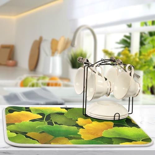 OTVEE Golden Leaf Art Dish Drying Mat for Kitchen Counter Absorbent