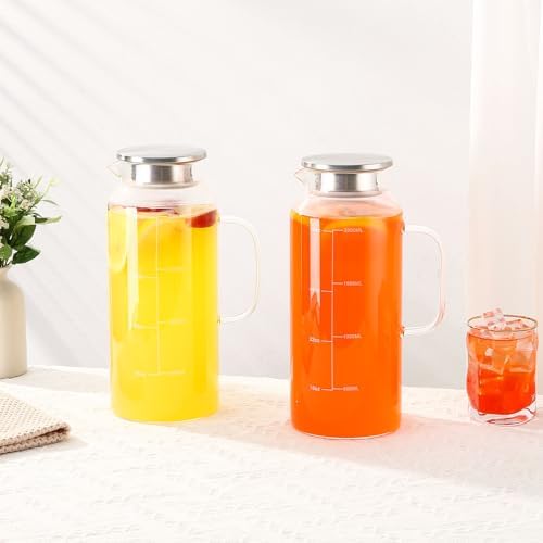 2-Pack Glass Pitcher with Lid, 68oz 2 Quart Water Pitchers With Handle