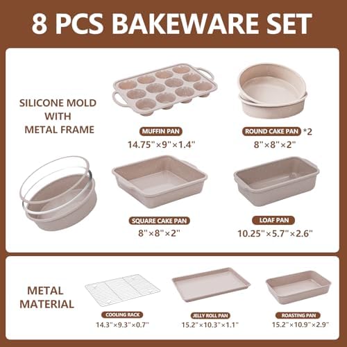 Vinino 8-Piece Baking Pans Set Nonstick, Bakeware Set includes Silicone Muffin, Loaf, Cake Pans with Metal Reinforced Frame, and Carbon Steel Roasting Pan, Cookie Sheet, Cooling rack for Oven