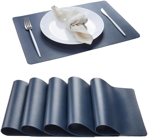 DOLOPL Navy Blue Placemats Set of 6, Wipeable Faux Leather Place Mats