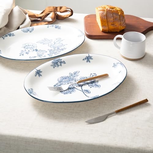 Ceramic Serving Platter, Large Oval Dinner Plates, Blue and White, Set