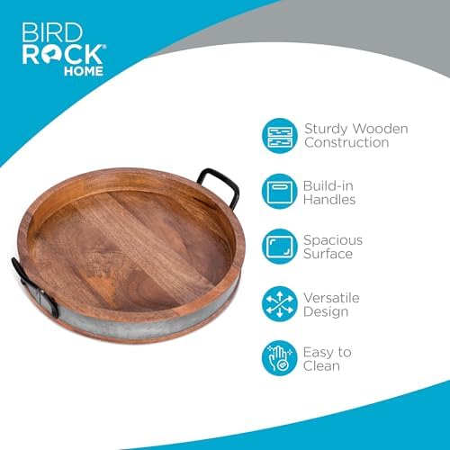 BIRDROCK HOME Round Wood Serving Tray with Handles and Iron Accents