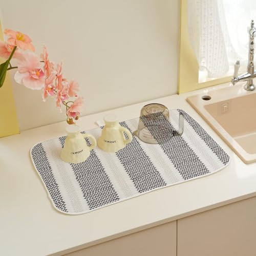 Boho Black Dish Drying Mat 18 x 24 inch Modern Geometry Polka Dot