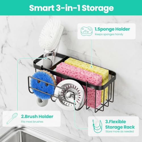 3-in-1 Sponge Holder for Kitchen Sink with Suction Cups & Adhesive