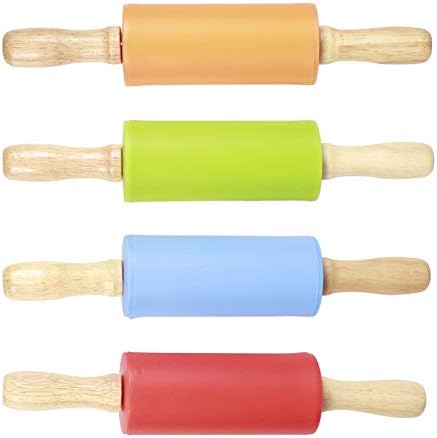 4pcs Mini Silicone Rolling Pins with Wood Handles for Kids Baking