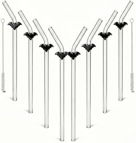 Black Bat Glass Straws with Charms, 8mm 9Inch Bent Straws for Gothic