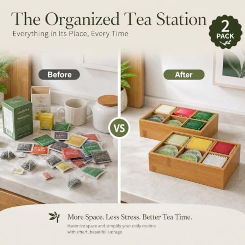 Dicunoy 2 Pack Bamboo Tea Bag Organizers, Wood Tea Bag Storage for