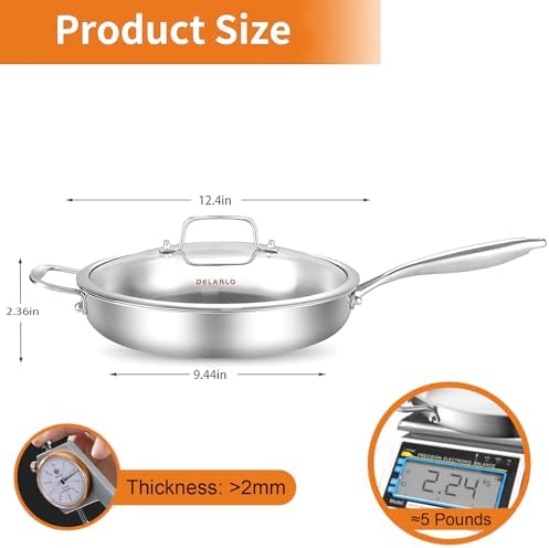 DELARLO Tri-Ply Stainless Steel Pan with Lid 12inch
