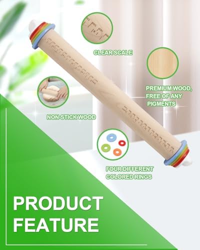 16.7" Wood Rolling Pin with Adjustable Thickness Rings Set