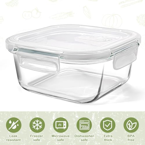 Square Glass Containers with Lids, 3 Cup, 4-Pack