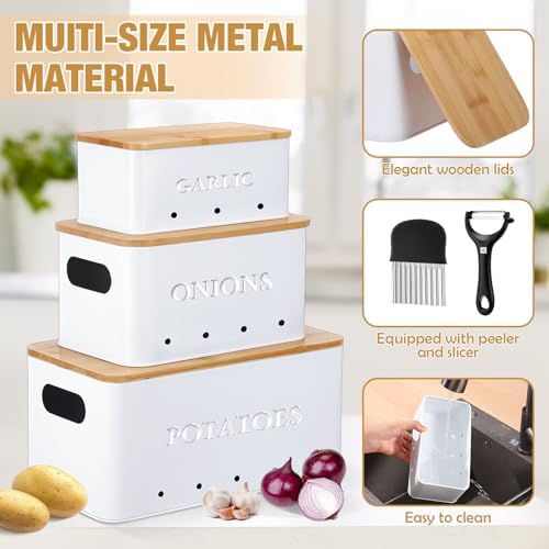 Honeydak 3 PCS White Potato Onion Garlic Storage Bins Set, Metal