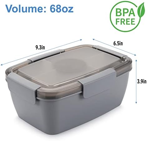 Freshmage Salad Lunch Container To Go, 68-oz Grey-XL, Leak-proof Lid