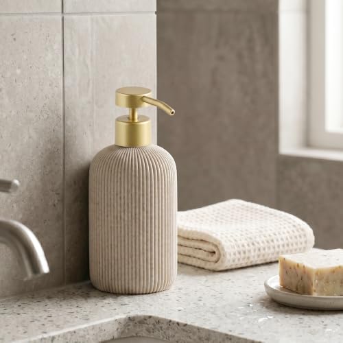 Soap Dispenser14.2OZ, 2PCS Luxurious Stripe,Beige, Gold Pump