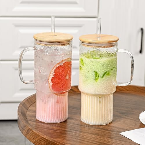 32oz Ribbed Borosilicate Glass Tumbler with Handle, Bamboo Lid and
