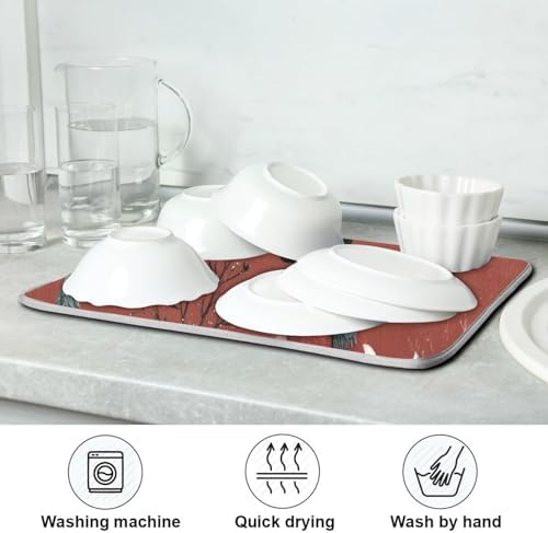 OTVEE Snowmen Red Barns Dish Drying Mat for Kitchen Counter Absorbent