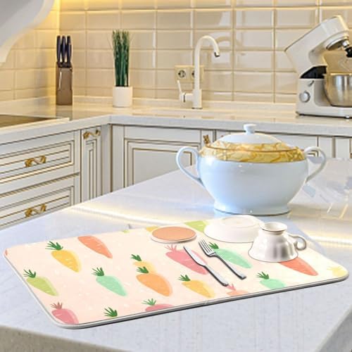 OTVEE Doodle Carrot Art Dish Drying Mat for Kitchen Counter Absorbent