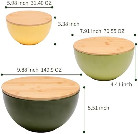 ECOWAY Salad Bowl Set of 3 with Bamboo Lids, Mixing Bowl Set, Nesting