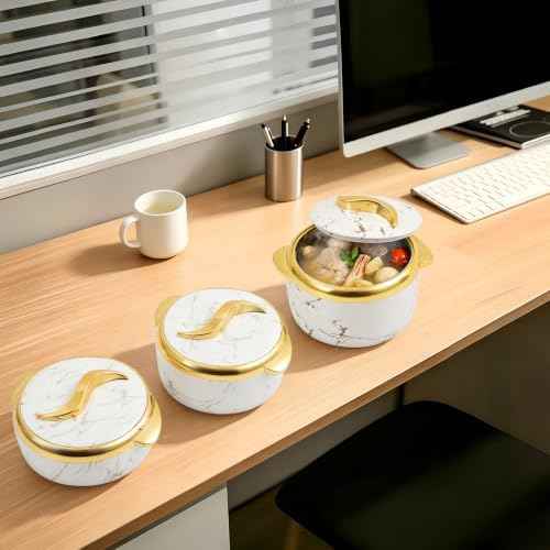 3 Piece Thermal Serving Bowl Set, Insulated Stainless Steel, Lids, Hot Cold