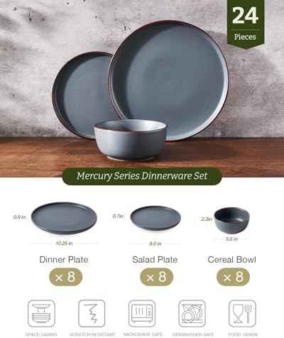 Famiware Mercury 24-Piece Stoneware Dinnerware Set, Charcoal